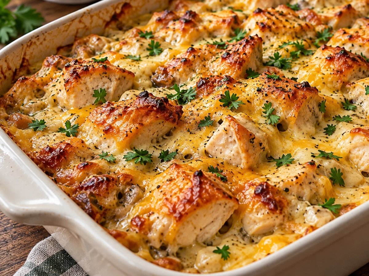 Golden chicken casserole with creamy sauce and melted golden cheese